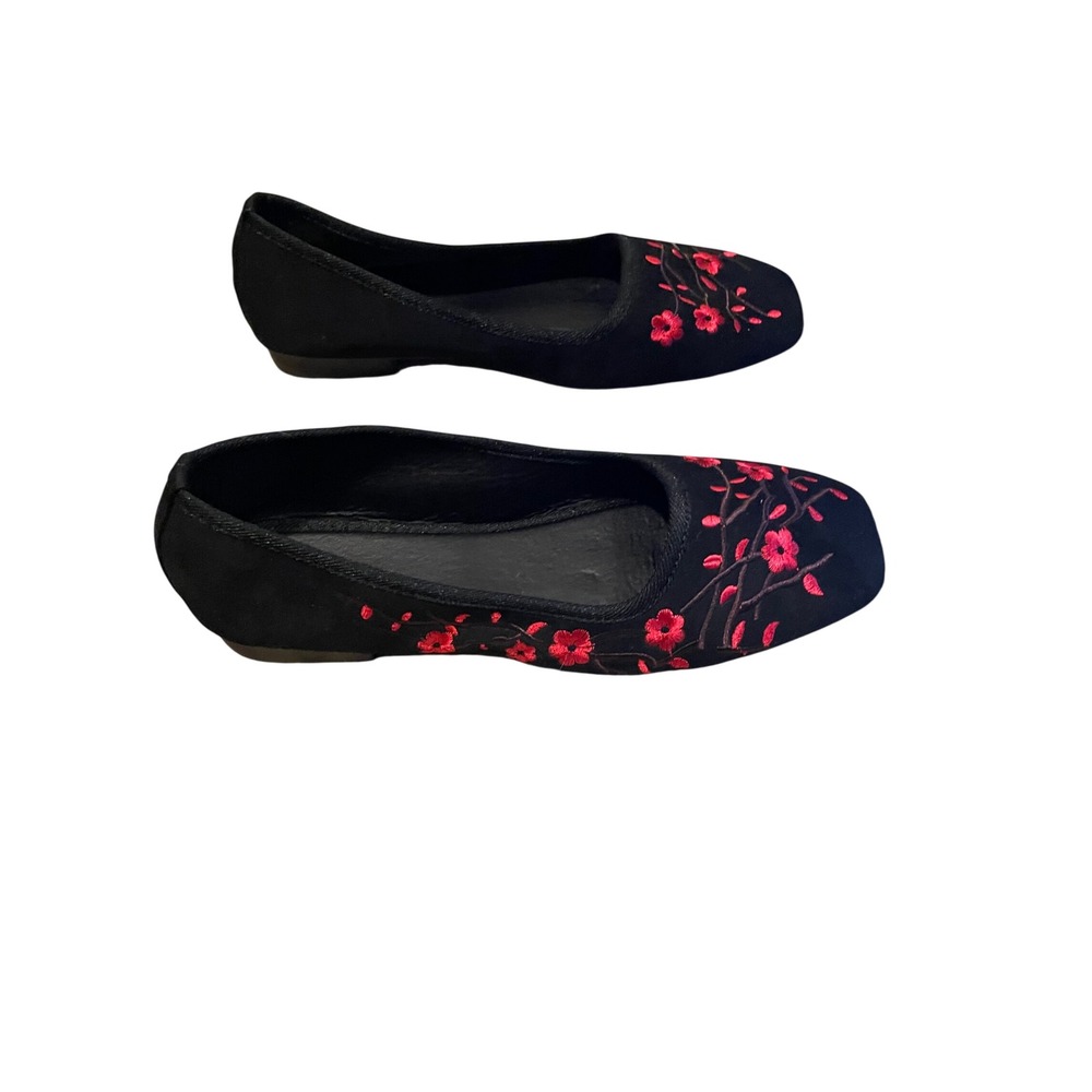 Black Floral Embroidered Square Toe Ballet Flats Red Cherry Blossom Shoes 40 - Picture 2 of 4